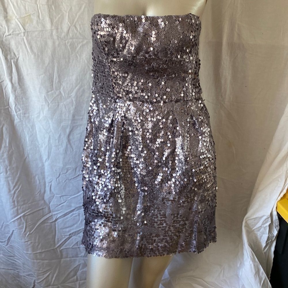 BCBGMaxazria Silver Sequin Strapless Cocktail Party Dress Size 12 Glam Elegant